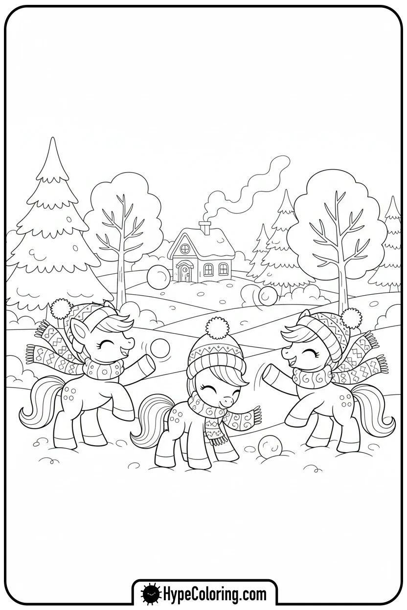 Click to download PDF ponies-having-a-snowball-fight - My Little Pony Colouring page
