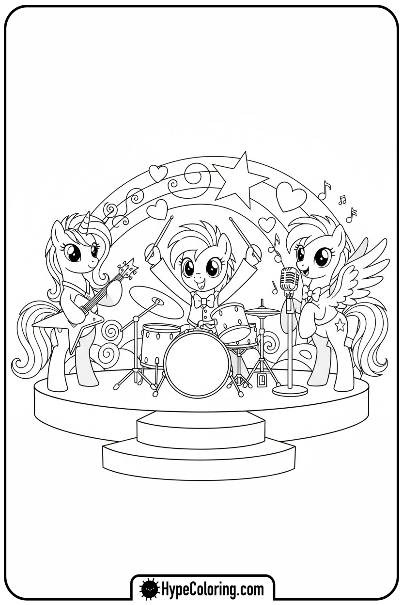 Click to download PDF pony-band-playing-music - My Little Pony Colouring page