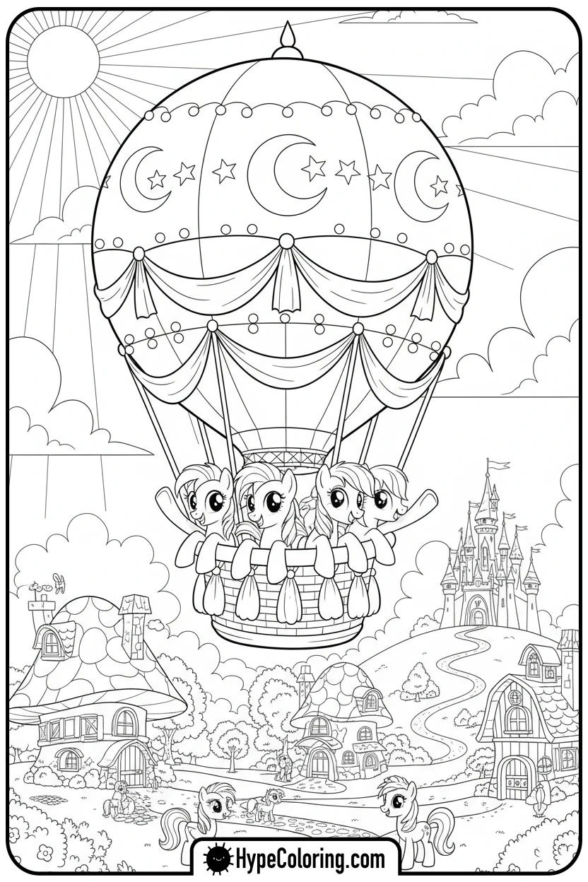 Click to download PDF ponies-in-hot-air-balloon - My Little Pony Colouring page