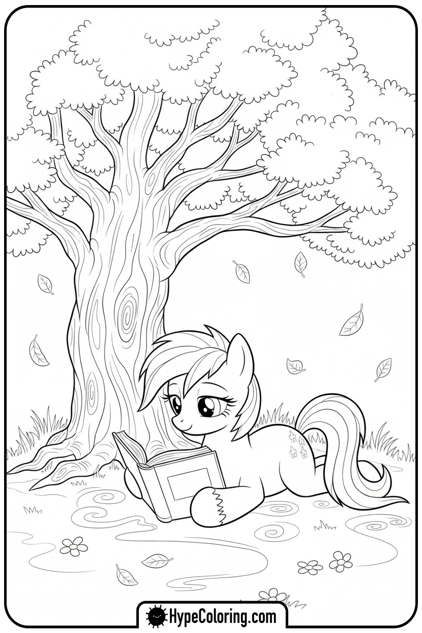 Click to download PDF pony-reading-under-a-tree - My Little Pony Colouring page