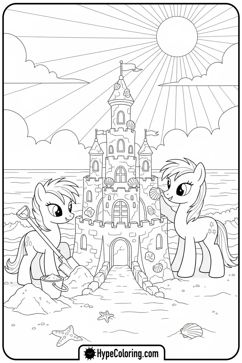 Click to download PDF ponies-building-sandcastle-at-beach - My Little Pony Colouring page