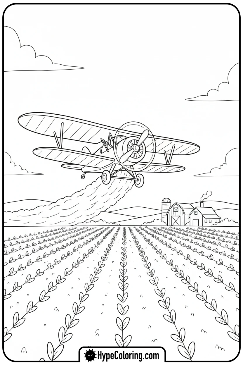 airplane-crop-dusting-a-field - coloring page of an airplane