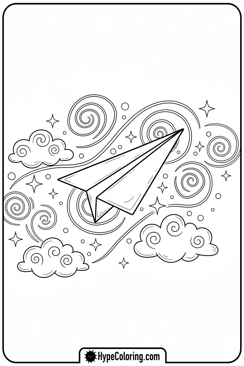 paper-airplane-gliding-imaginatively - coloring page of an airplane