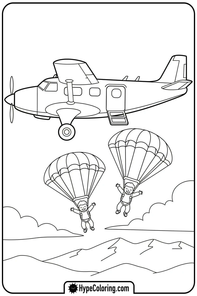airplane-with-parachutists - coloring page of an airplane