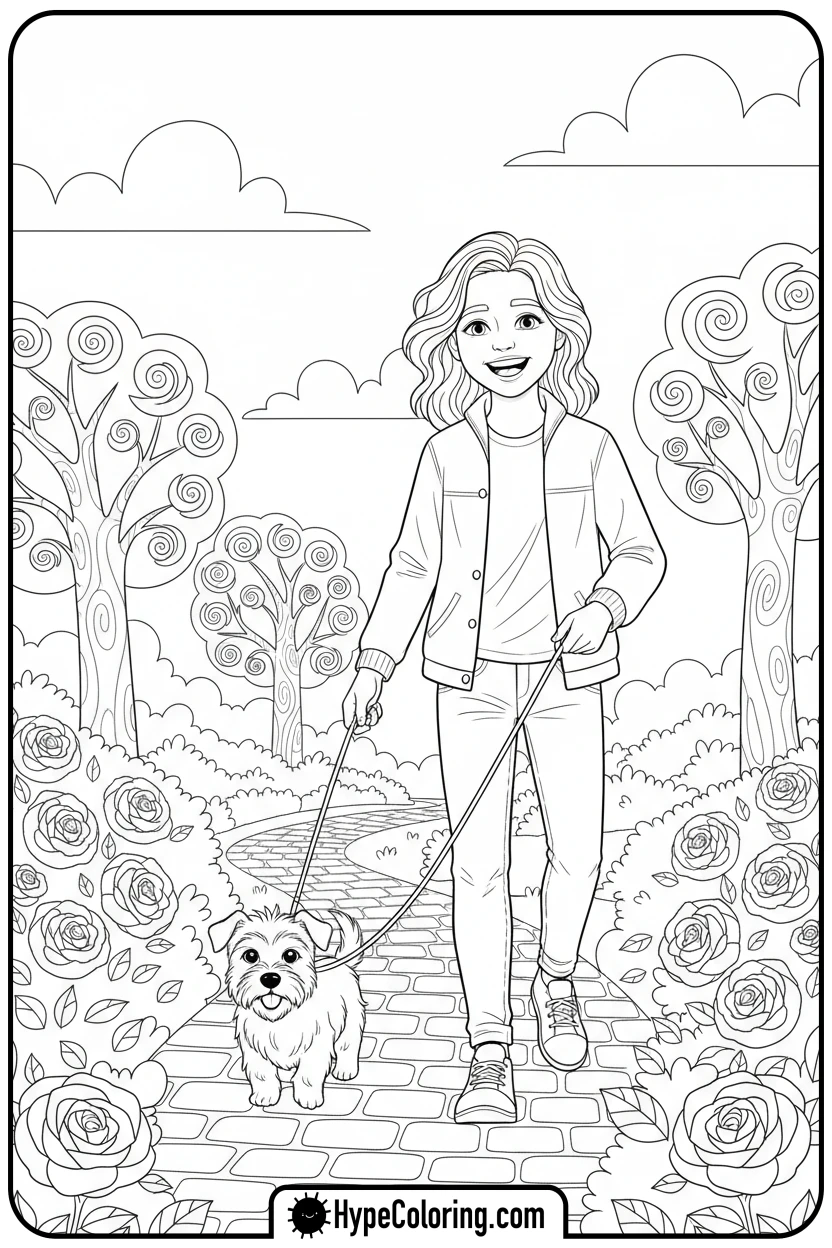 teen-walking-dog-in-park - teen coloring pages
