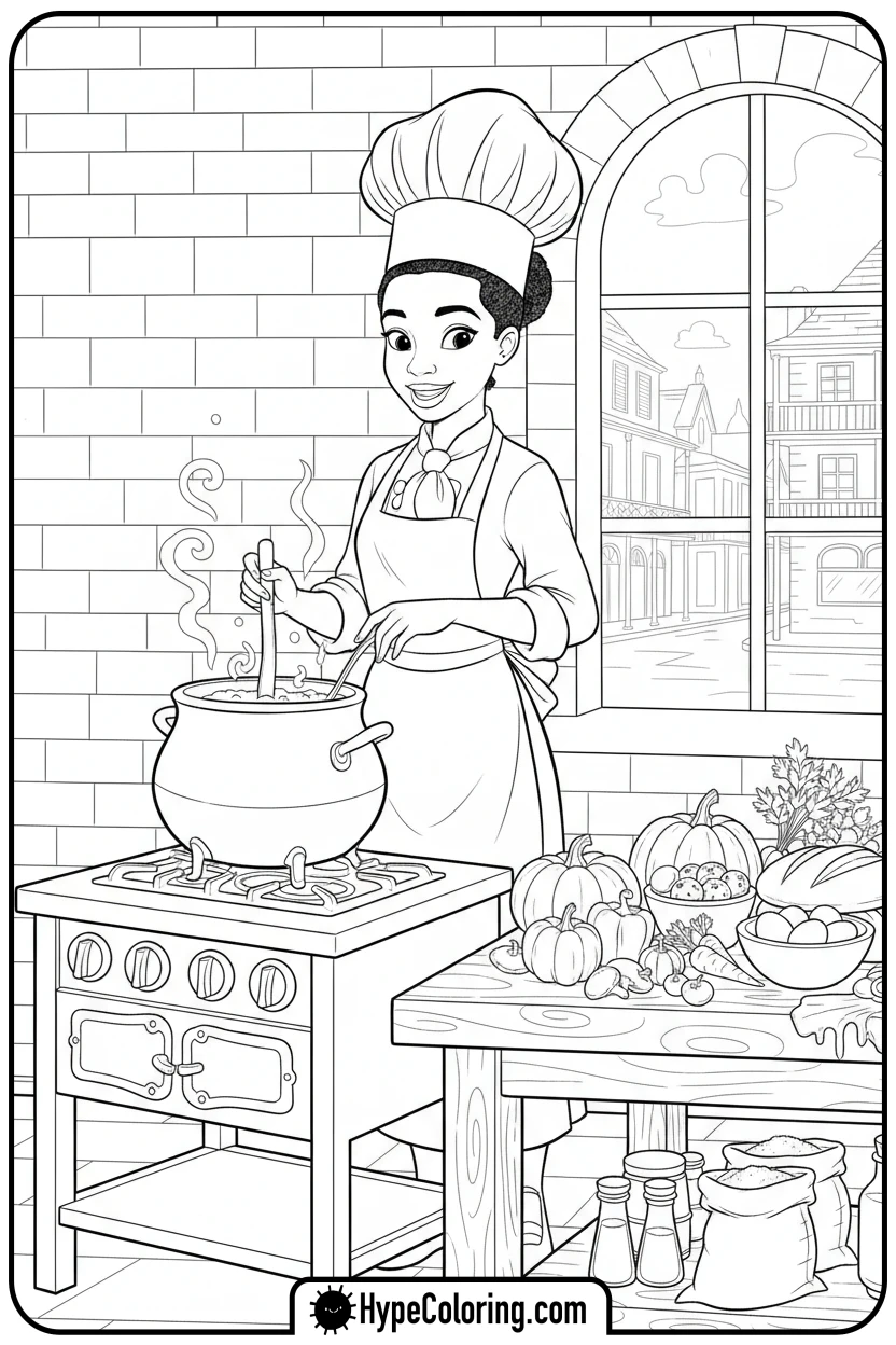 tiana-cooking-in-a-chef-s-hat - tiana coloring pages
