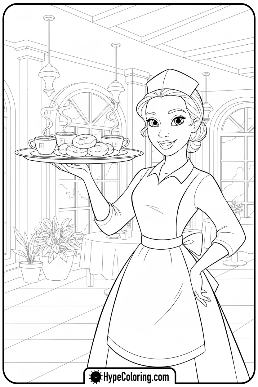 tiana-serving-beignets-on-a-tray - tiana coloring pages