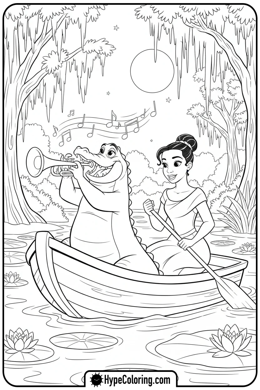 tiana-and-louis-in-bayou-boat - tiana coloring pages