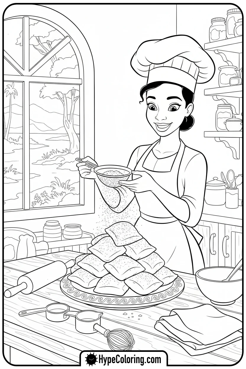 tiana-dusting-beignets - tiana coloring pages