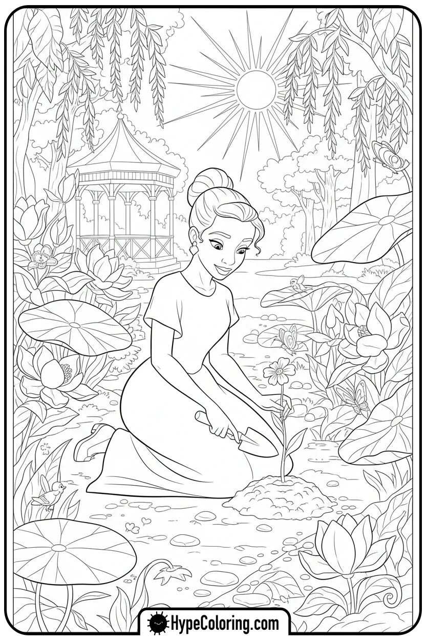 tiana-planting-flowers - tiana coloring pages