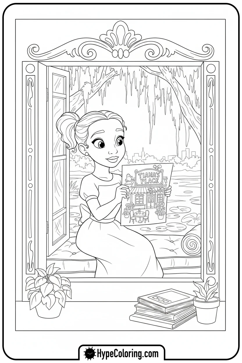 young-tiana-dreaming-by-window - tiana coloring pages