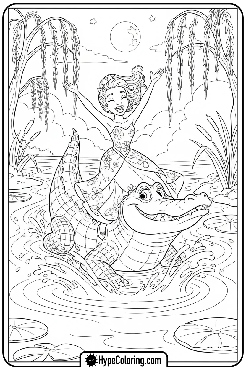 tiana-riding-louis-in-bayou - tiana coloring pages