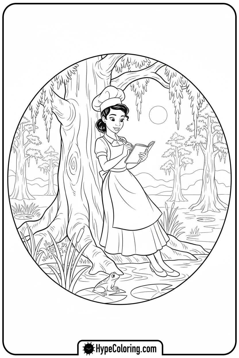 tiana-sketching-in-bayou - tiana coloring pages