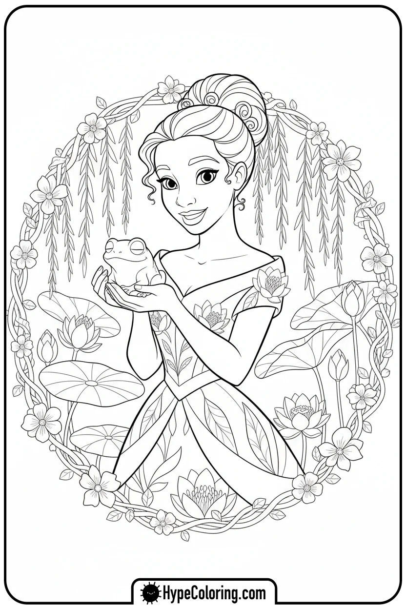 tiana-holding-a-sleeping-frog - tiana coloring pages