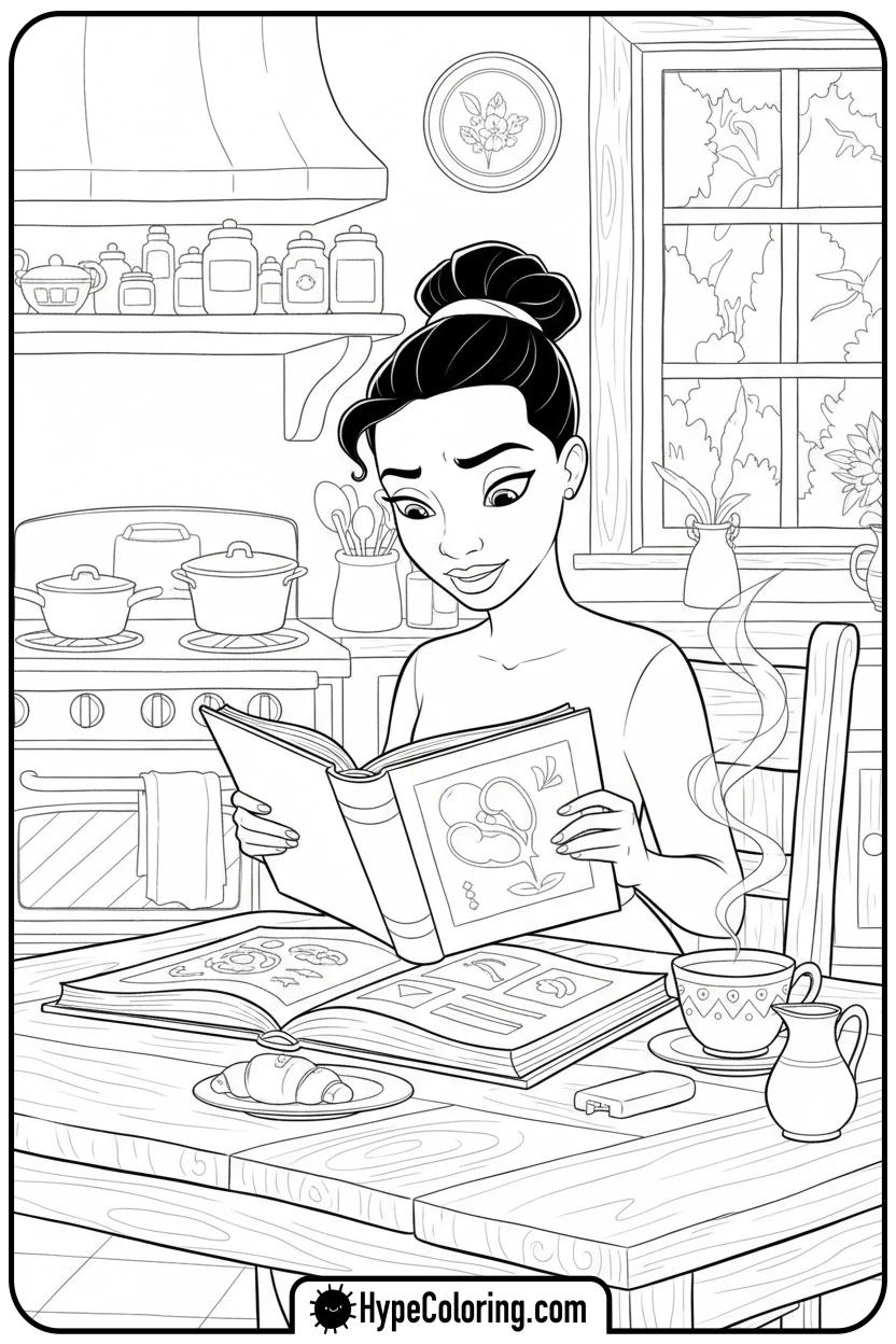 tiana-reading-a-cookbook - tiana coloring pages