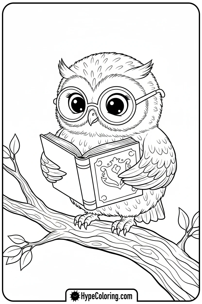 owl-chick-reading-book - adorable animal coloring pages