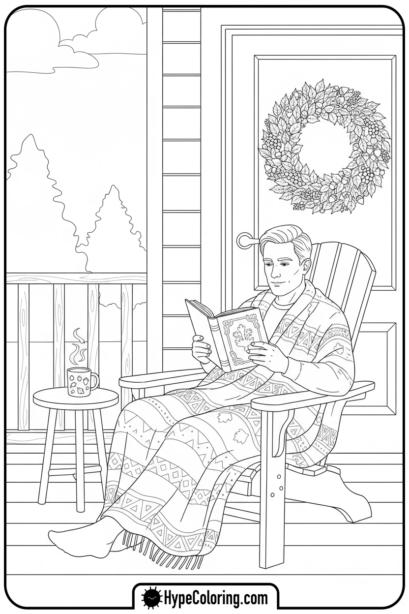 man-reading-on-autumn-porch - autumn adult coloring pages