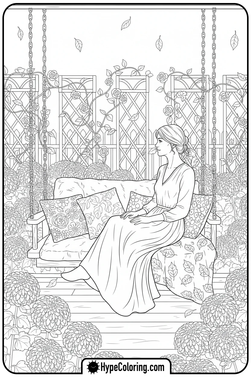 woman-on-autumn-porch-swing - autumn adult coloring pages