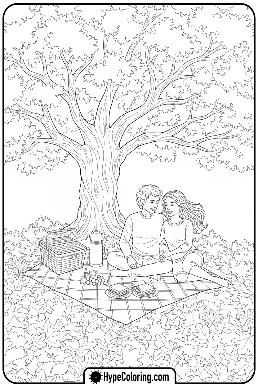 couple-on-autumn-picnic - autumn adult coloring pages