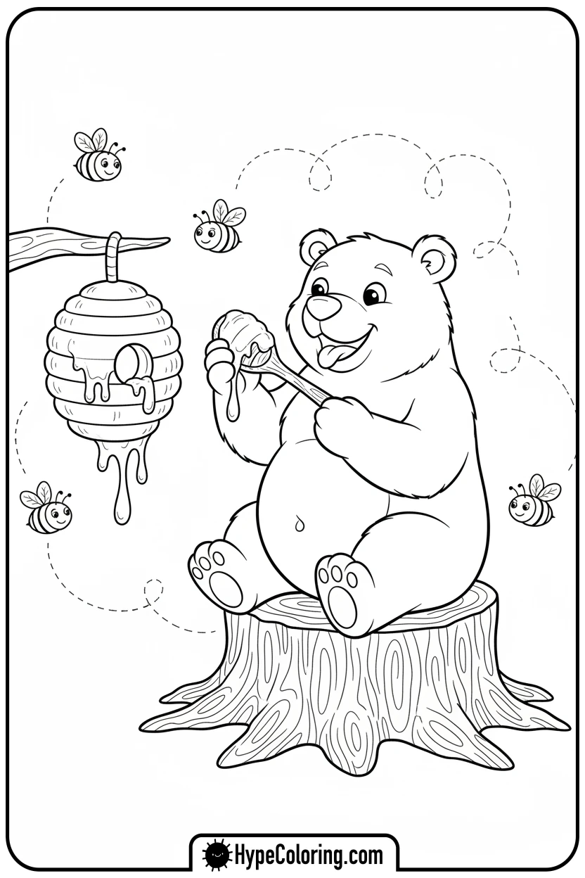 Click to download PDF happy-bear-eating-honey-from-spoon - bear coloring page