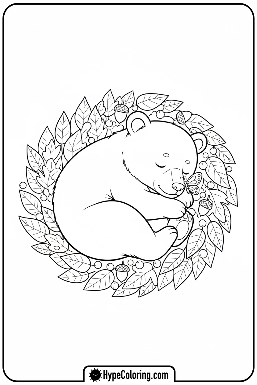 Click to download PDF sleeping-bear-cub-in-leaves - bear coloring page