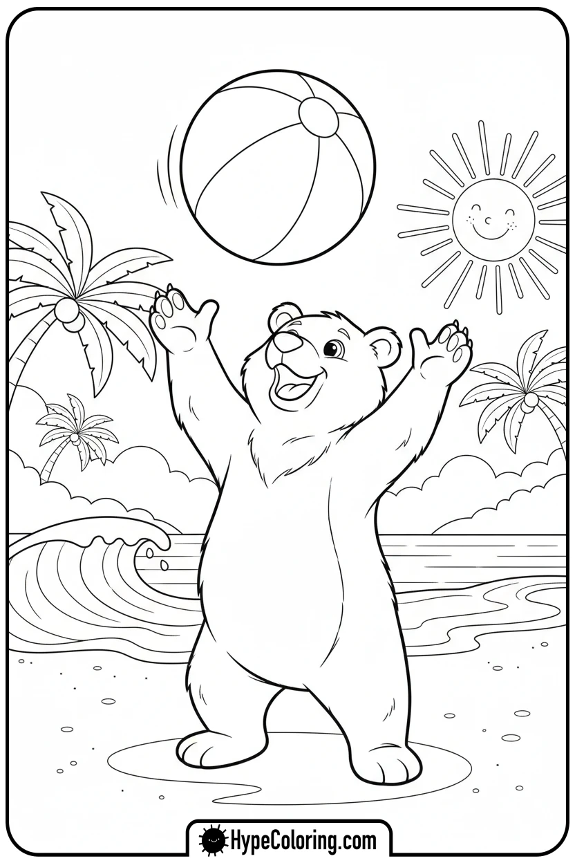 Click to download PDF playful-bear-catching-beach-ball - bear coloring page