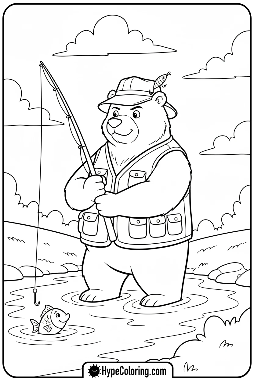 Click to download PDF bear-fishing-in-river - bear coloring page