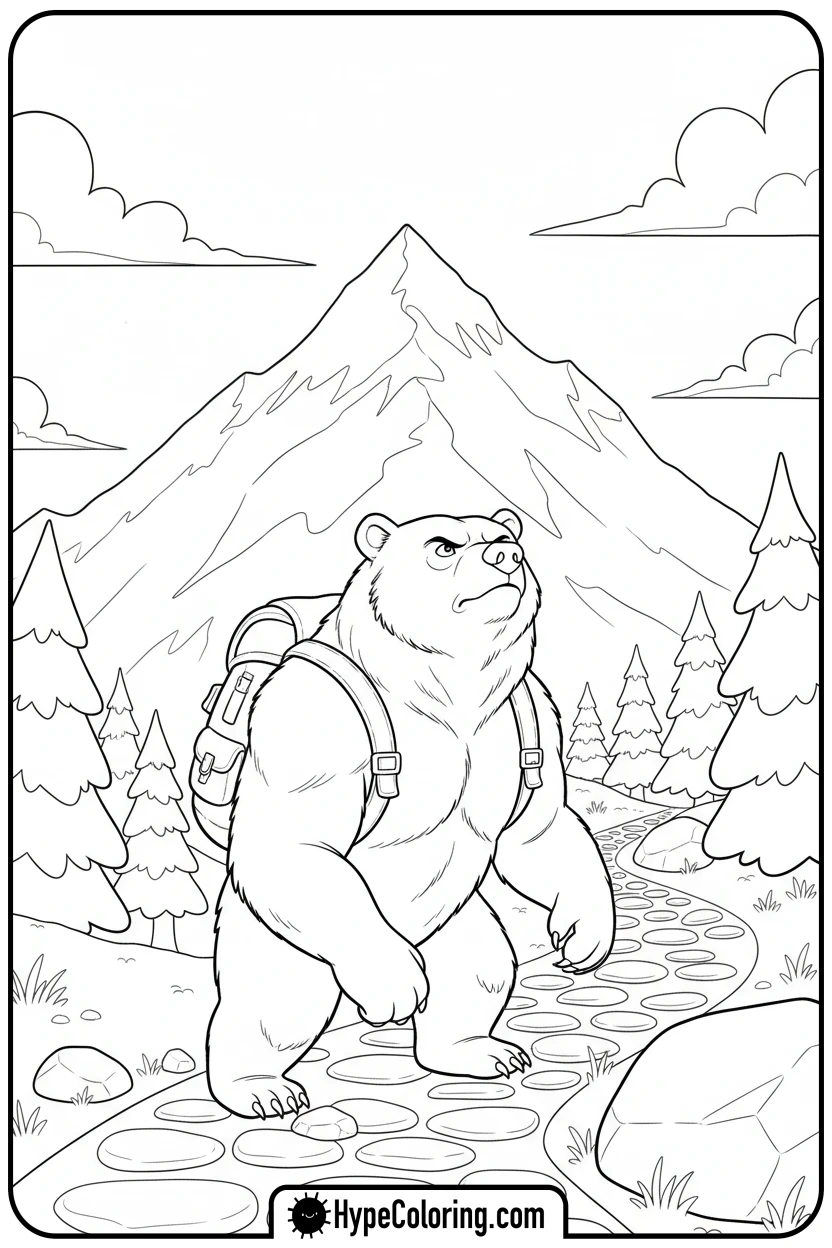 Click to download PDF bear-hiking-mountain-path - bear coloring page