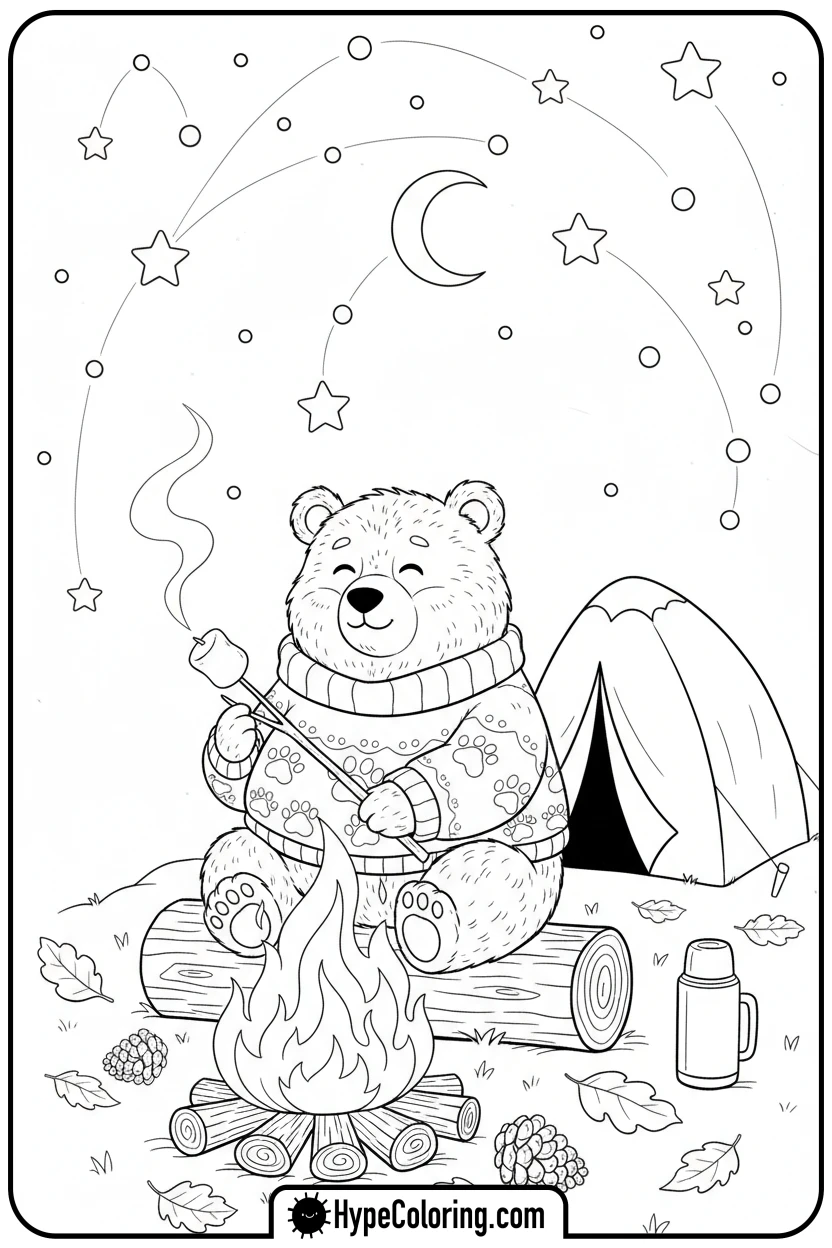 Click to download PDF cozy-bear-roasting-marshmallow - bear coloring page