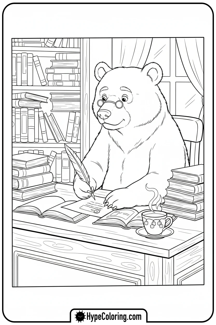 Click to download PDF thoughtful-bear-writing-letter - bear coloring page
