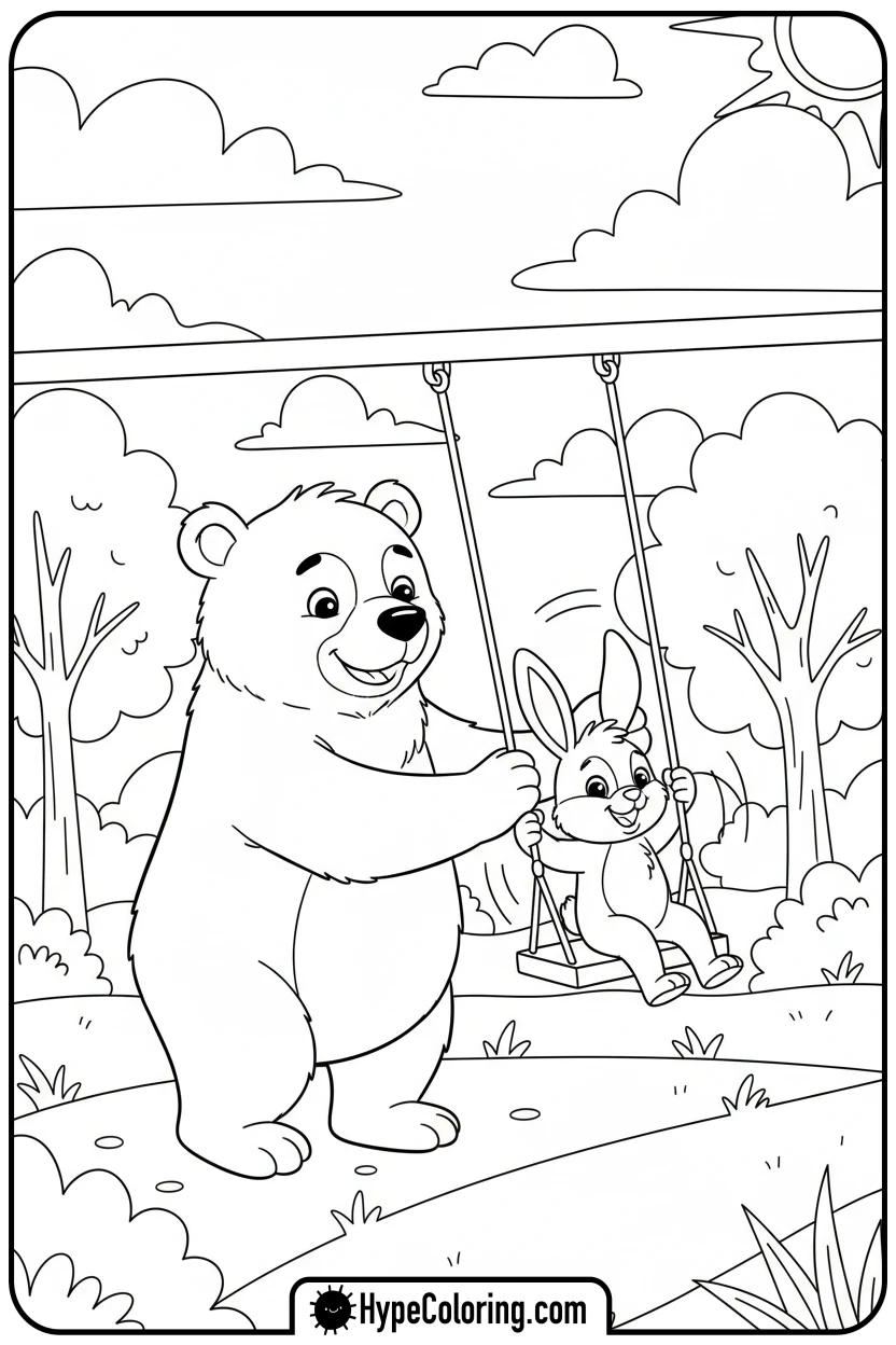 Click to download PDF gentle-bear-pushing-swing - bear coloring page